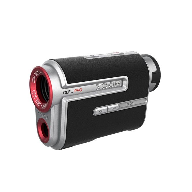 A black and silver rangefinder with a red lens on a white background.