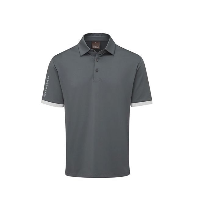 A grey polo shirt with white trim on the sleeves on a white background.