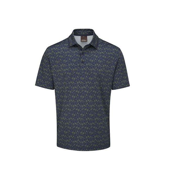 A blue polo shirt with a floral pattern on it