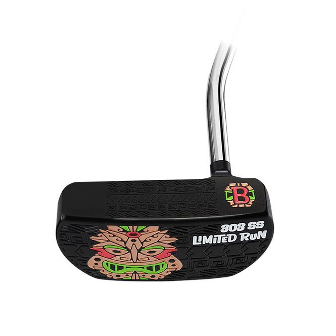 A black putter with a tiki face on it on a white background.