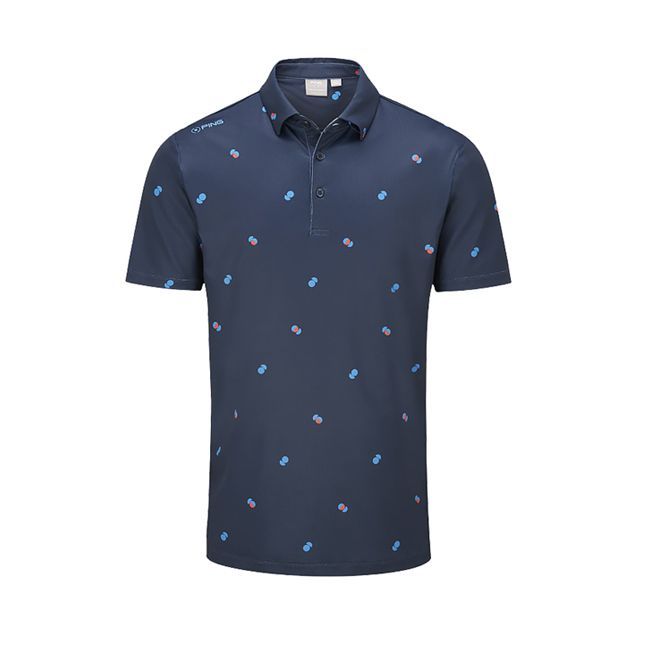 A blue polo shirt with a pattern of golf clubs on it