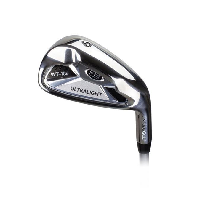 A close up of a golf club on a white background.