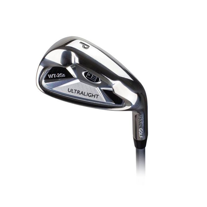 A close up of a golf club on a white background.