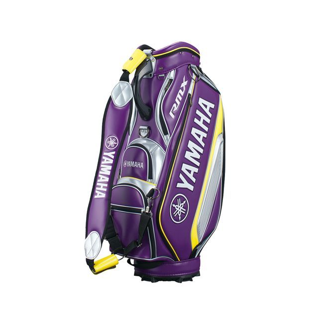 A purple and yellow yamaha golf bag on a white background.