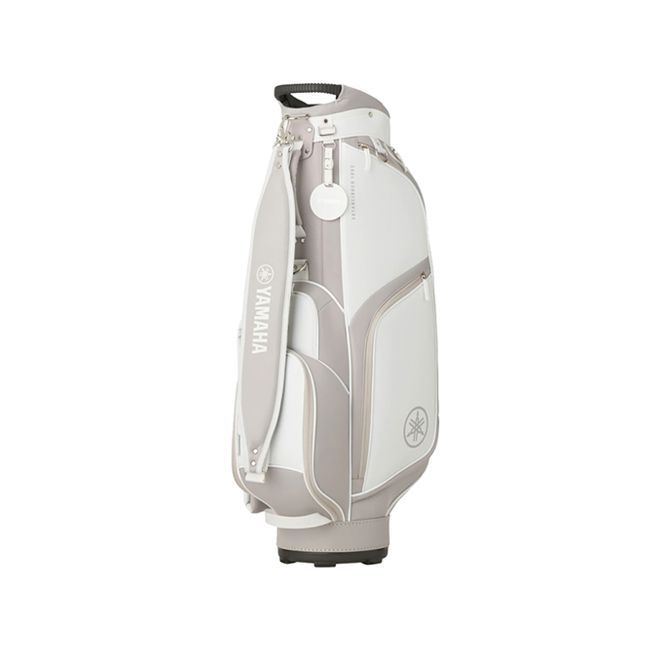 A white and grey golf bag with a black handle on a white background.