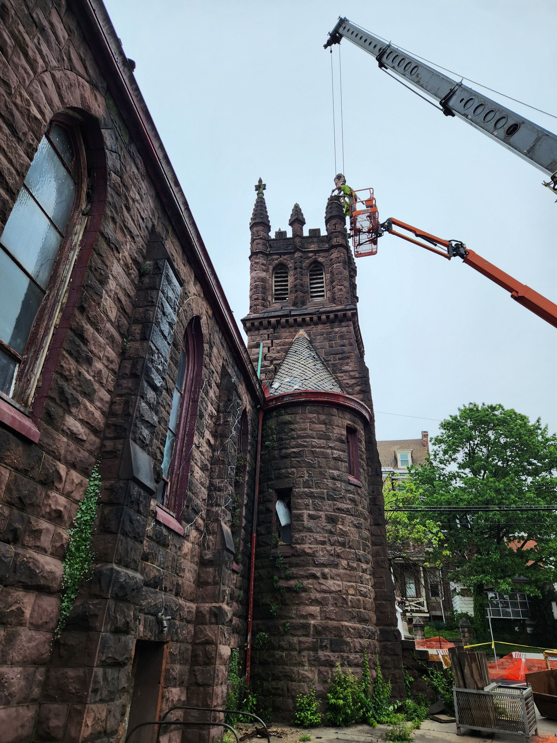 Emergency demolition of a church steeple in Reading, PA.