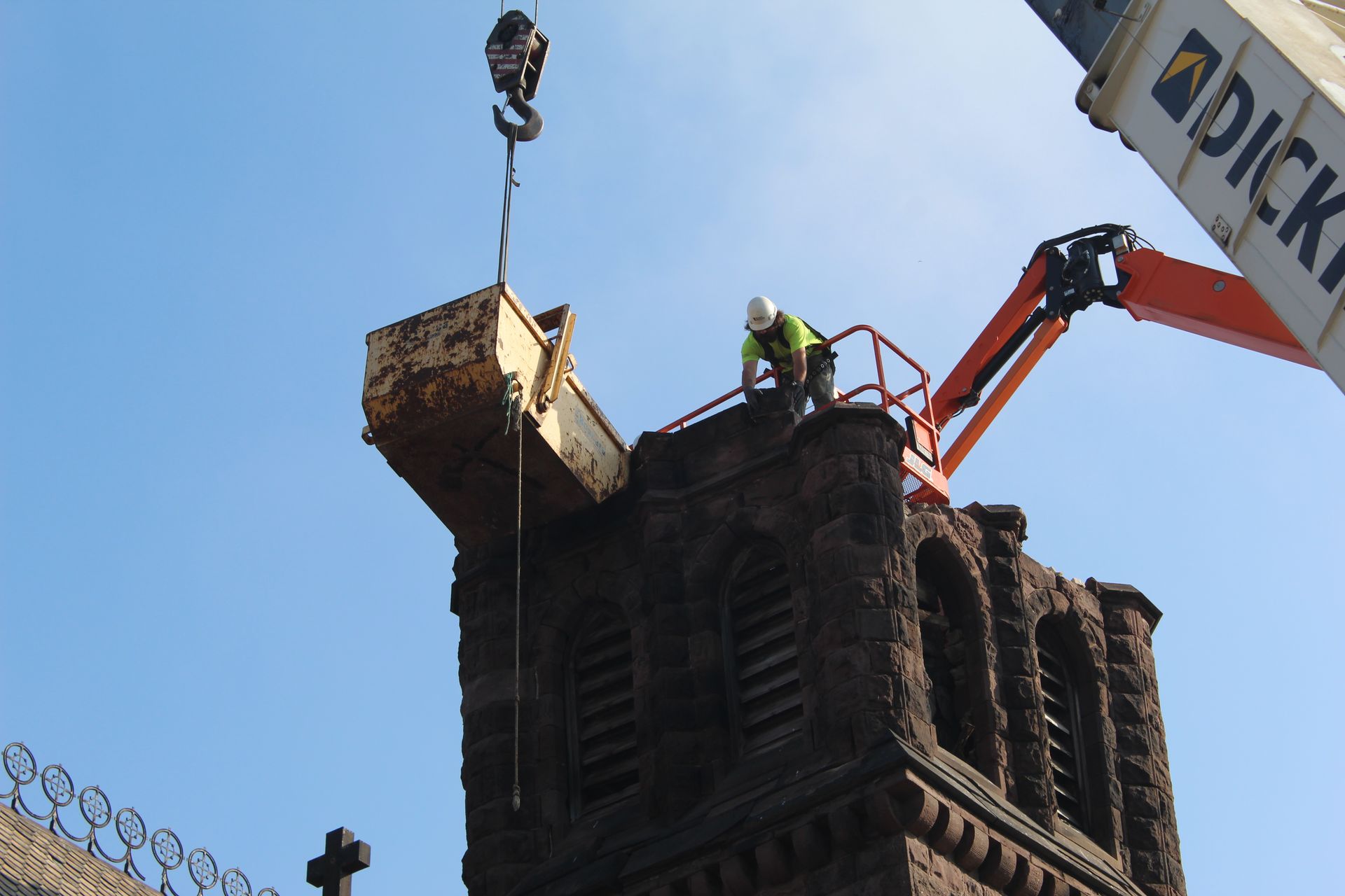 Progress at the emergency church steeple demolition. 