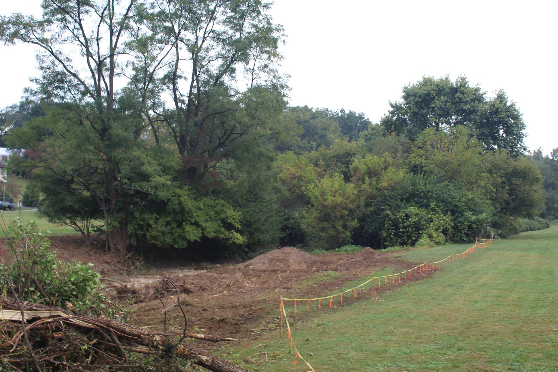 Dirt work and orange caution tape along a grassy field border overgrown shrubs and trees.
