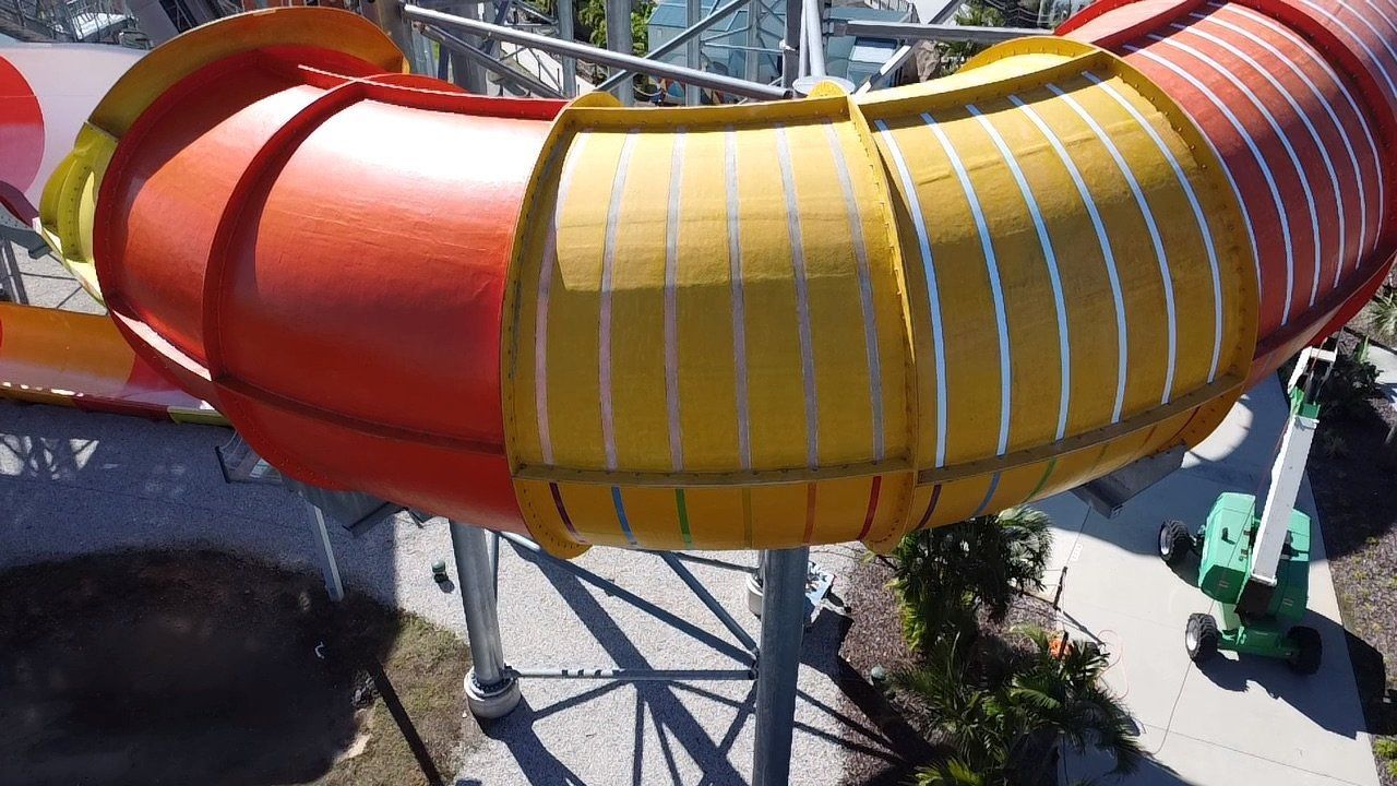 Water Slide Repair Service: An aerial view of a water slide at a water park.