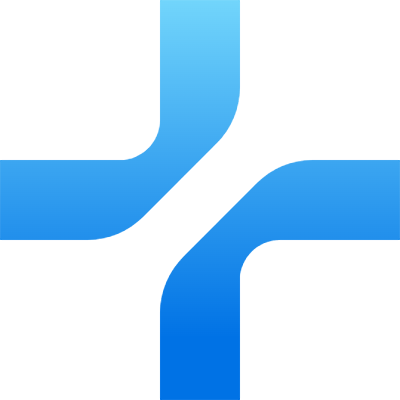 A blue, minimalist cross icon with rounded corners, featuring a diagonal white cut through the center.