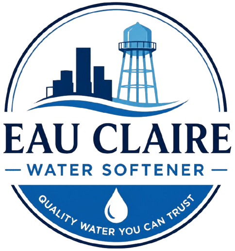 Eau Claire Water Softener Logo with Circular Badge Emblem, City Skyline, Water Tower, Wave Graphic, Droplet Icon, Tagline