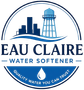 Eau Claire Water Softener Logo with Circular Badge Emblem, City Skyline, Water Tower, Wave Graphic, Droplet Icon, Tagline