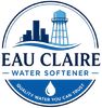 Eau Claire Water Softener Logo with Circular Badge Emblem, City Skyline, Water Tower, Wave Graphic, Droplet Icon, Tagline