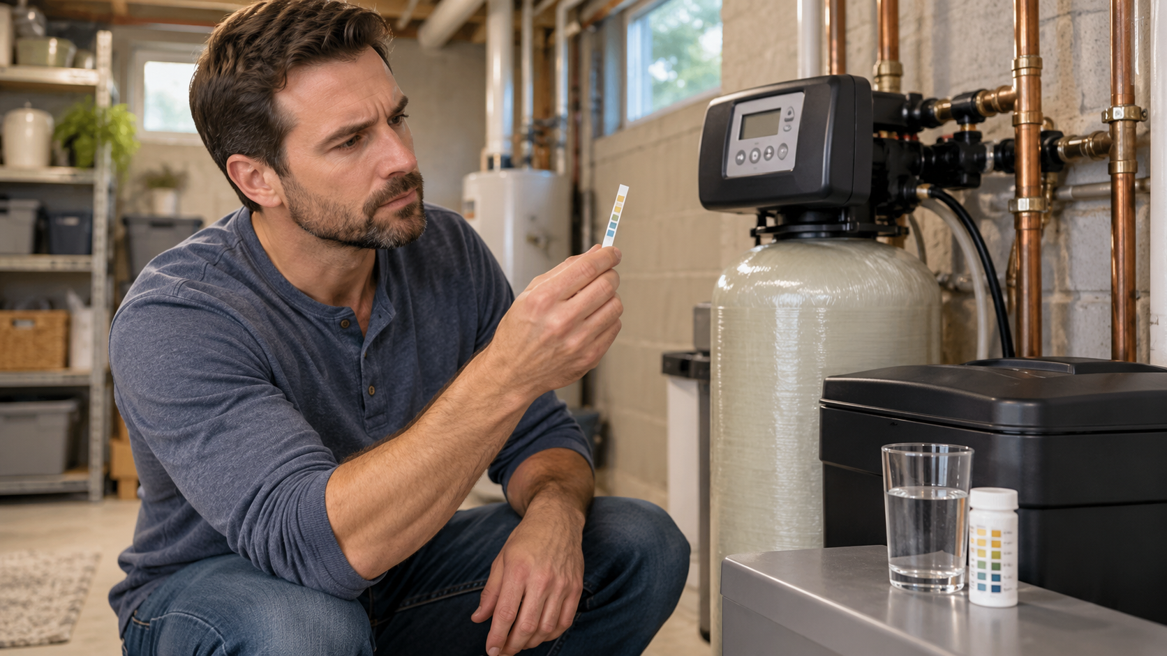 Homeowner_testing_water_hardness_beside_softener_control_panel