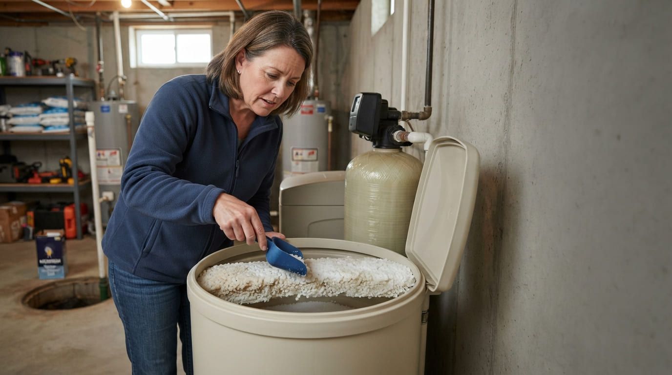 Woman brushing residue from the inside of an open water softener brine tank