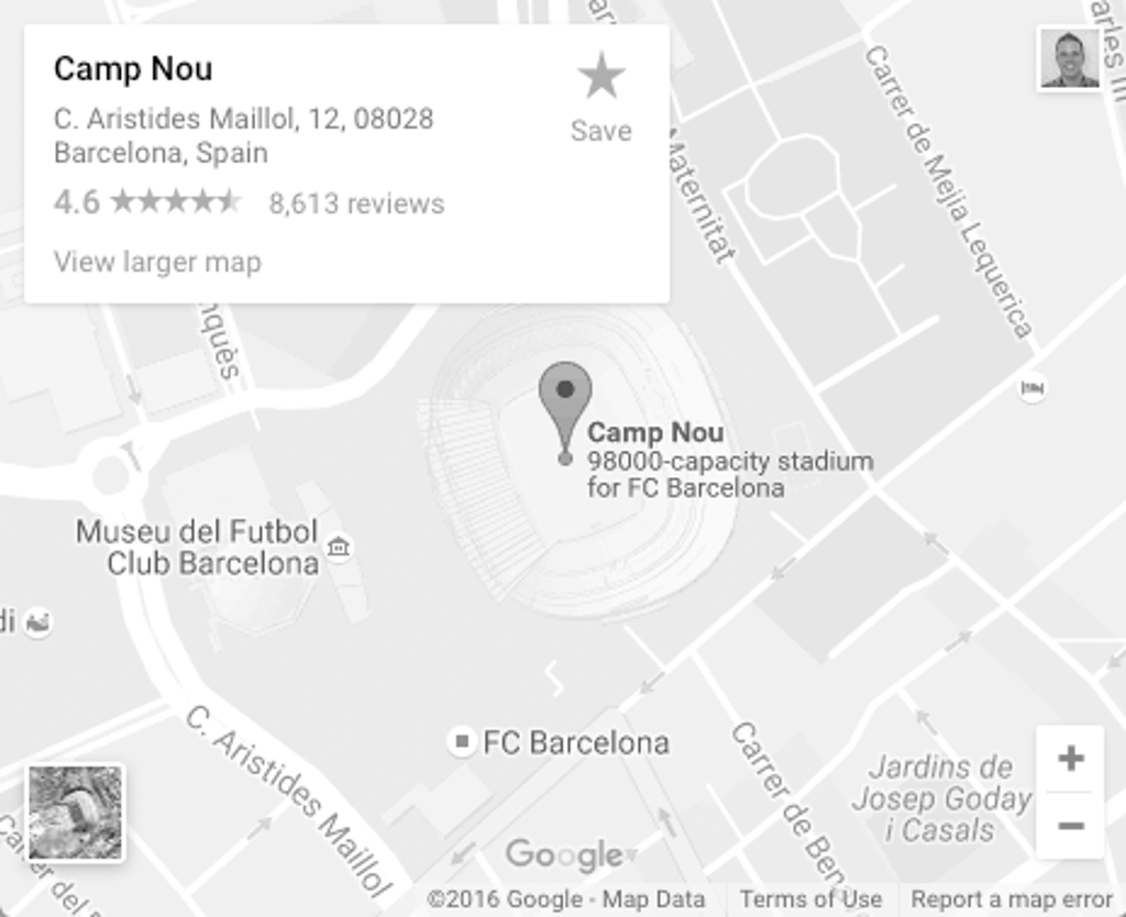 Google Maps view of Camp Nou, FC Barcelona stadium, with nearby streets and a location pin