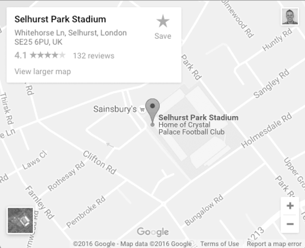 Google Maps view of Selhurst Park Stadium in London with nearby streets and rating details