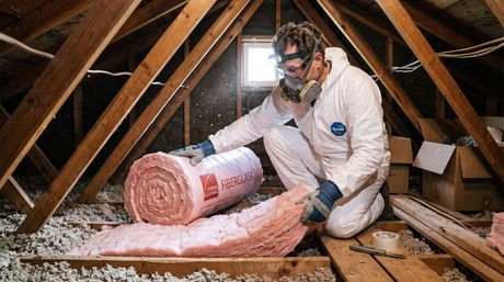 Male applying a roll of fiberglass insulation in an attic