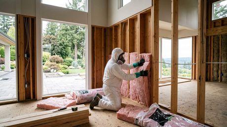 Male installing batt insulation into a new wall