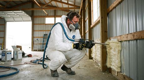 Male applying spray foam insulation in a pole barn