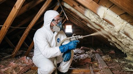 Male remedying an attic with spray foam insulation