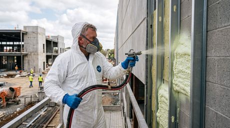 Male applying spray foam insulation to a commercial building
