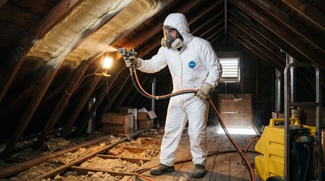 Male applying closed-cell foam insulation in an attic
