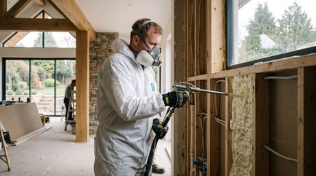 Male applying spray foam insulation by injecting it into a wall