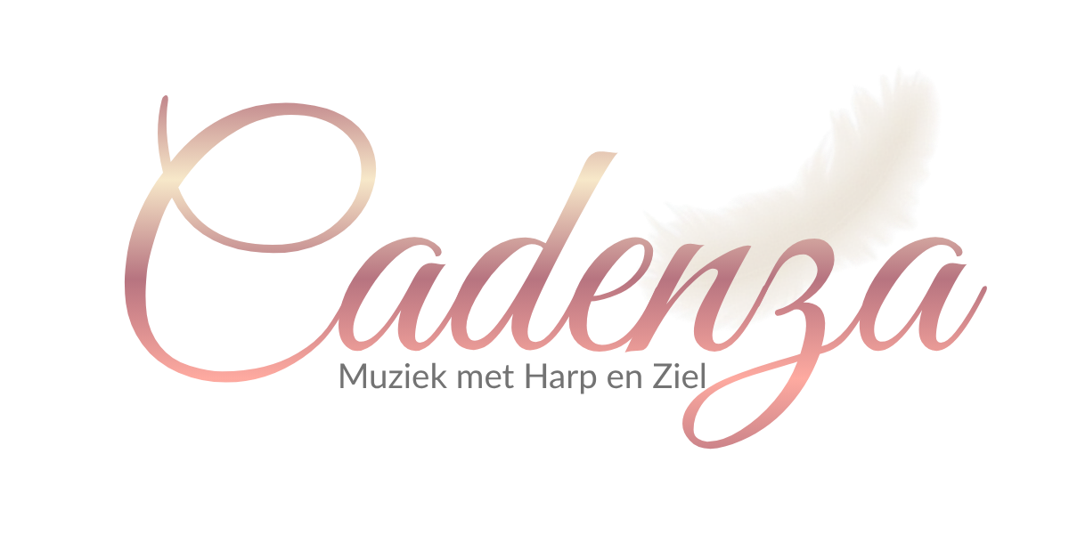 Logo reading “Cadenza” in pink script with the tagline “Muziek met Harp en Ziel” underneath.