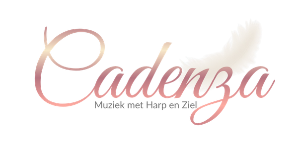 Logo reading “Cadenza” in pink script with the tagline “Muziek met Harp en Ziel” underneath.