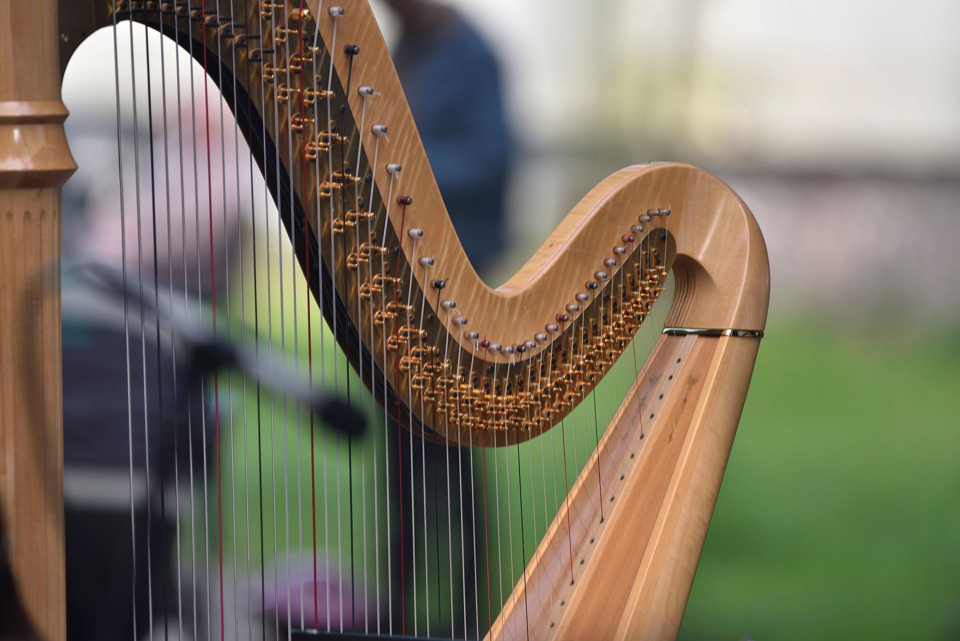 Close-up van een harp met een wazige binnenachtergrond en een groene buitenomgeving erachter.