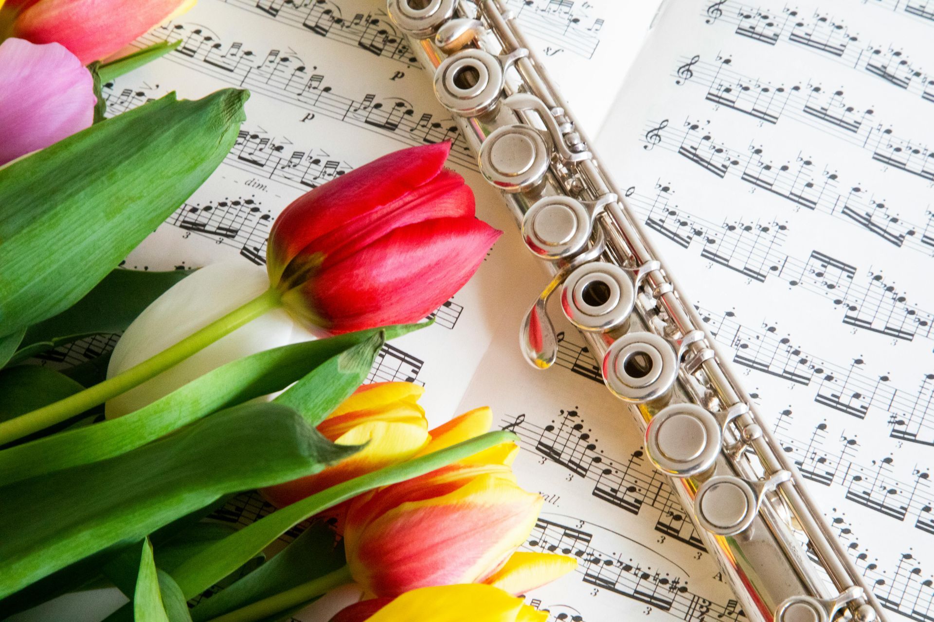 Kleurrijke tulpen naast een fluit op bladmuziek, wat een romantisch stilleven met muziekthema oplevert.