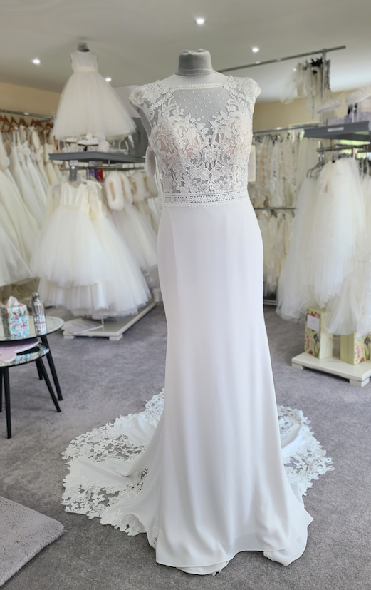 Private label wedding dress sale Ivory, illusion back, lace applique train, 