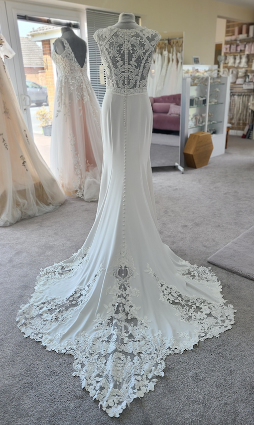 Private label wedding dress sale Ivory, illusion back, lace applique train, 