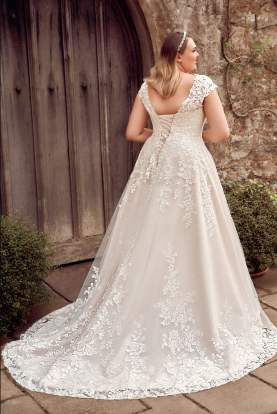 Curves wedding dress Envy by Phoenix PH8056 beaded glorious  floral lace create a v neckline and soft cap sleeve continuing from the fitted bodice onto the tulle skirt where a subtle glitter underlay sparkles gently. The v neckline continues to the back where a corset leads the eye to the chapel length train and full lace hem.