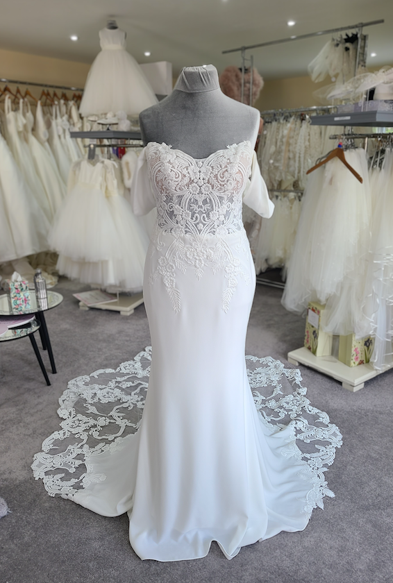 Sale Wedding dress LUX6149 removable  strap, side split, aline, Ivory,  applique train,