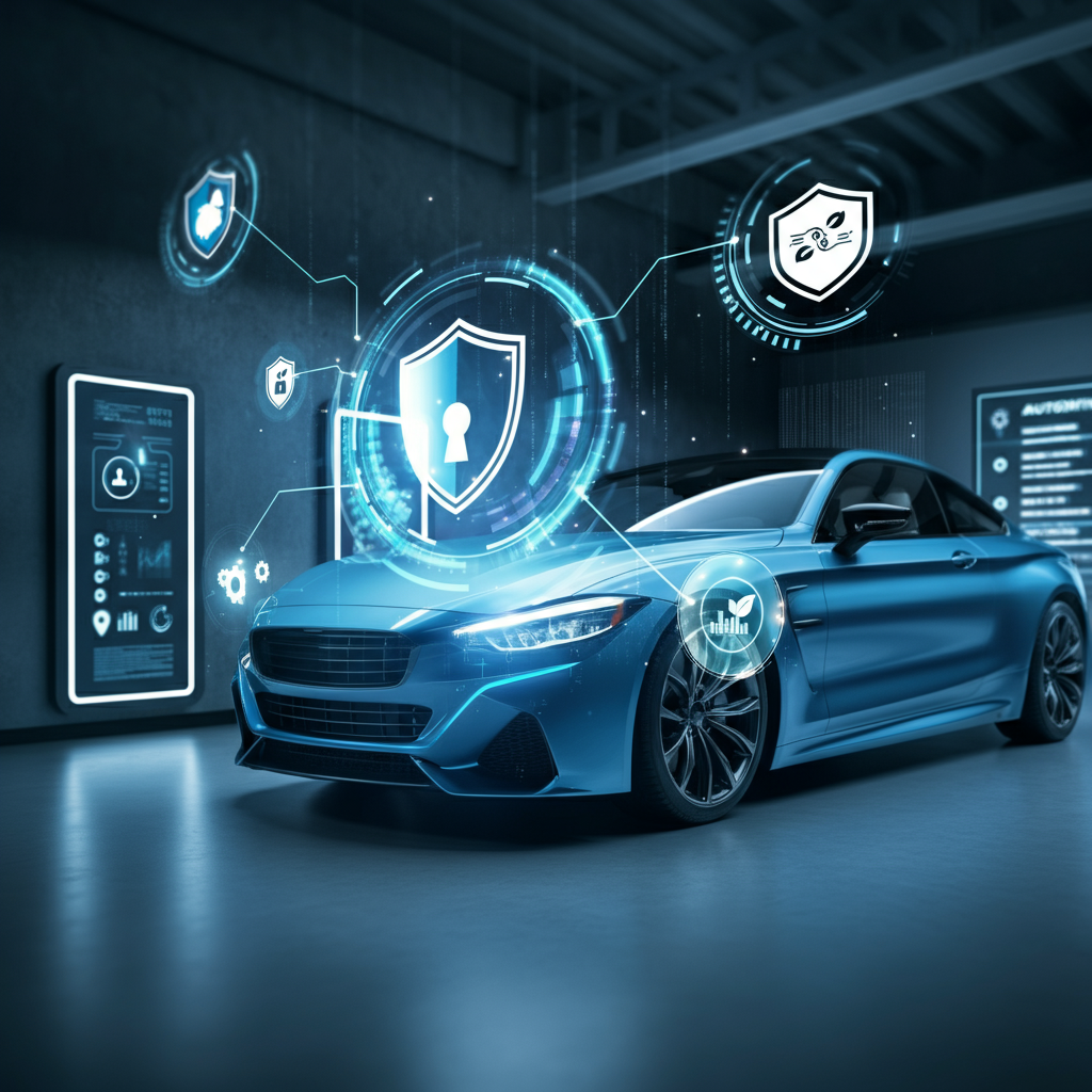 A blue car is parked in a garage with a shield on the wall.