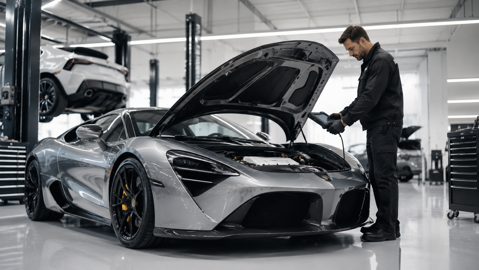 Luxury exotic car being inspected in a premium service bay