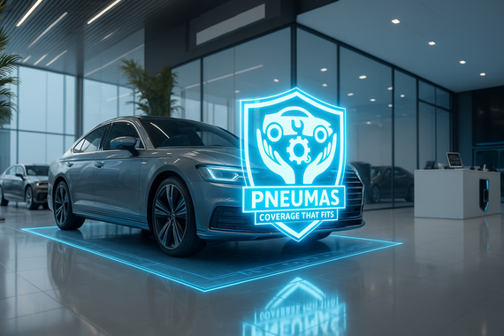 A car is being protected by a futuristic shield in a car showroom.