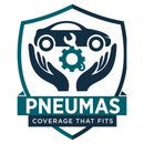 A logo for pneumas coverage that fits with hands holding a car and a wrench.