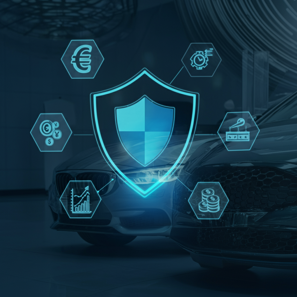 A car with a shield and various icons around it