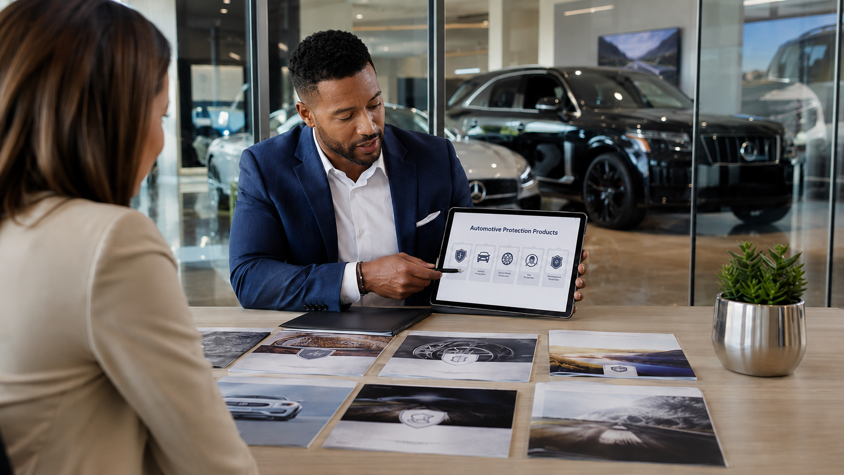 F&I manager presenting automotive protection products to a customer