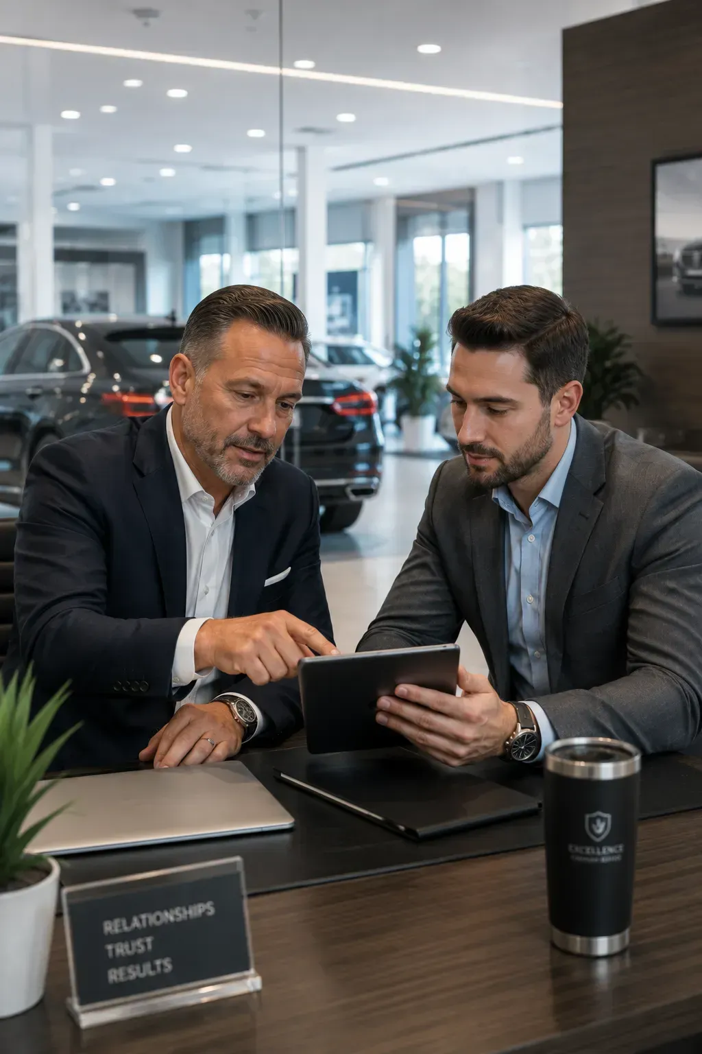 Senior F&I manager mentoring a finance manager during a one-on-one coaching session in a dealership office.