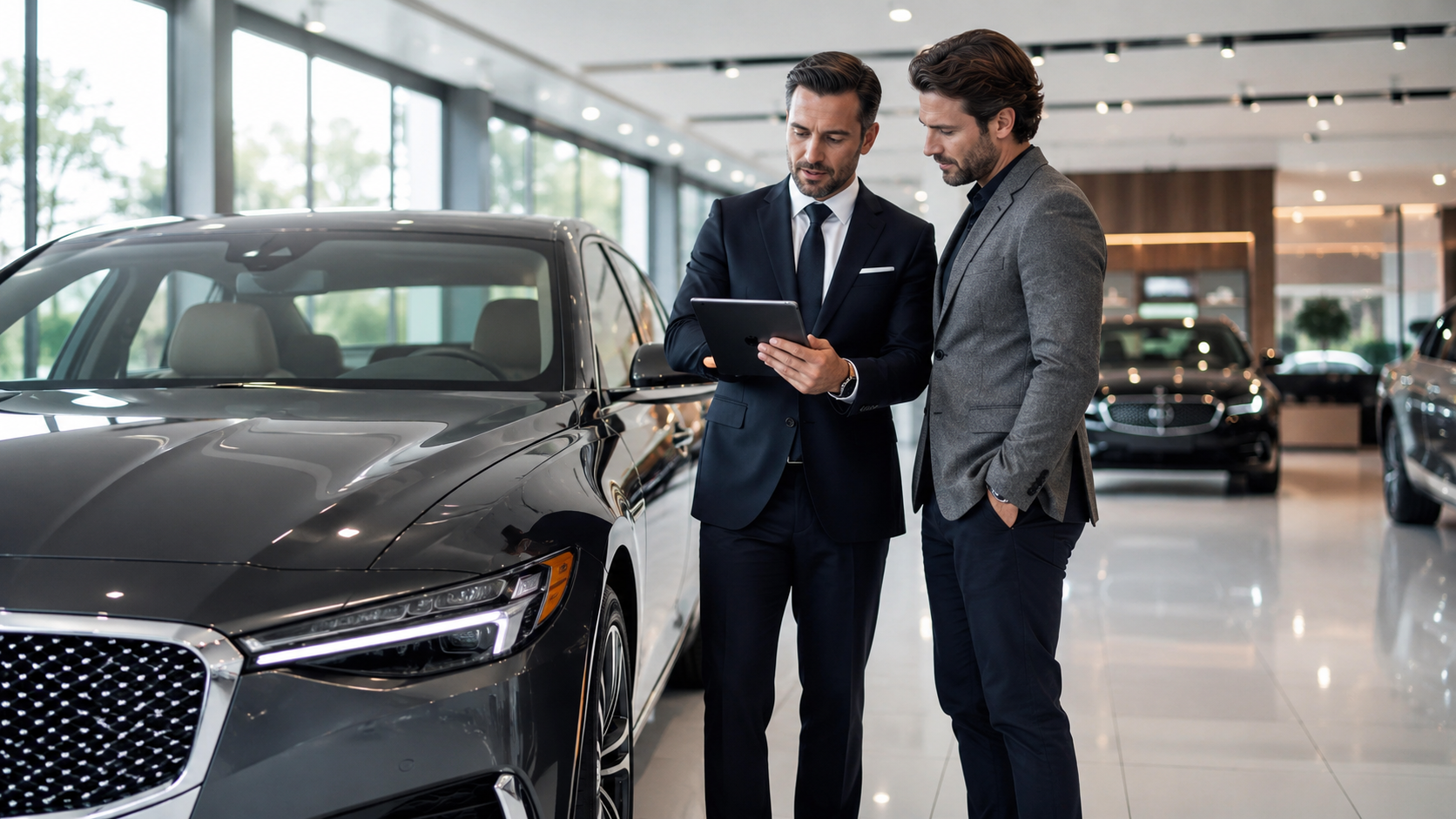 Dealership F&I manager reviewing vehicle protection options with a customer