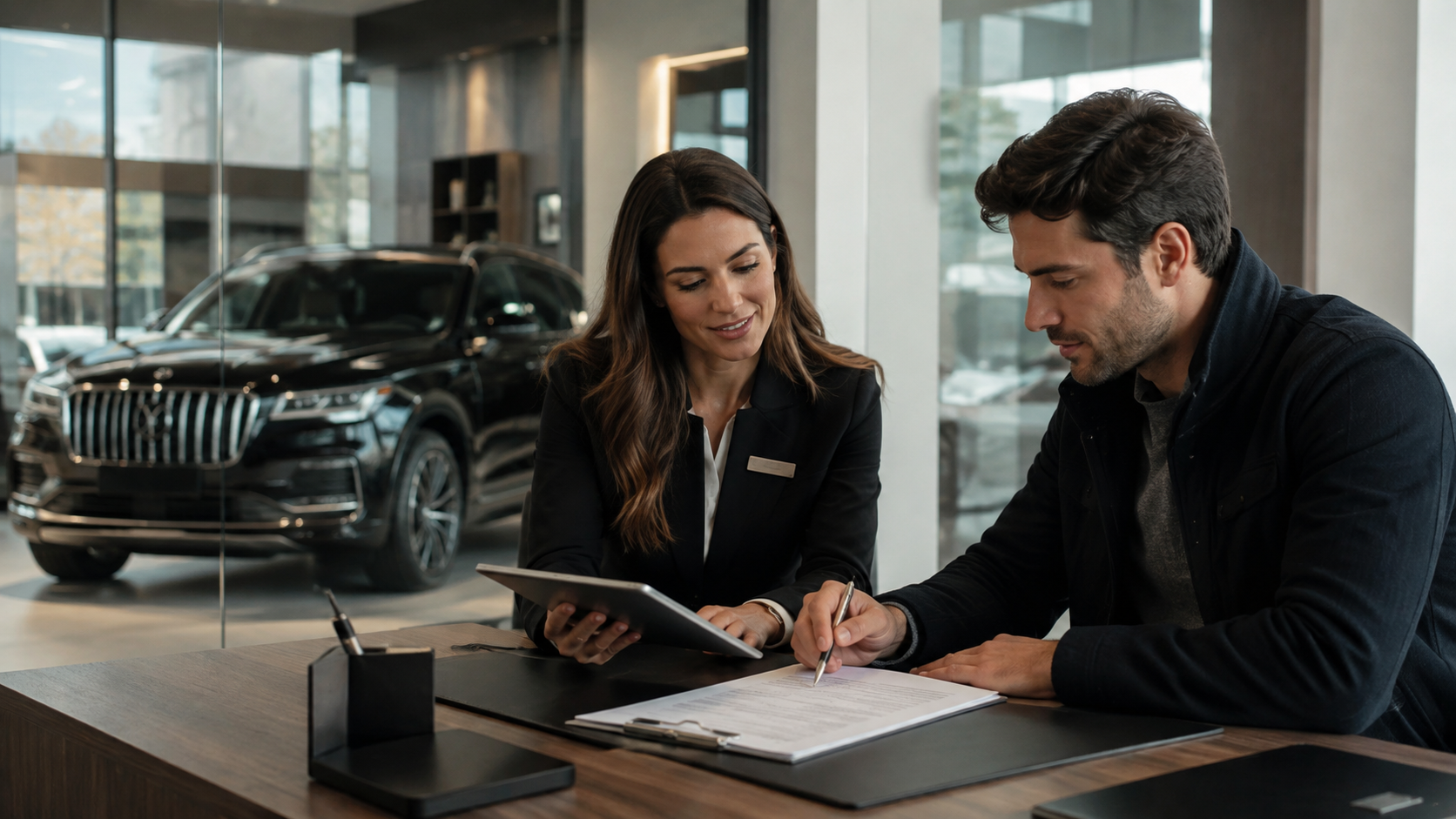 Buyer reviewing car warranty contract