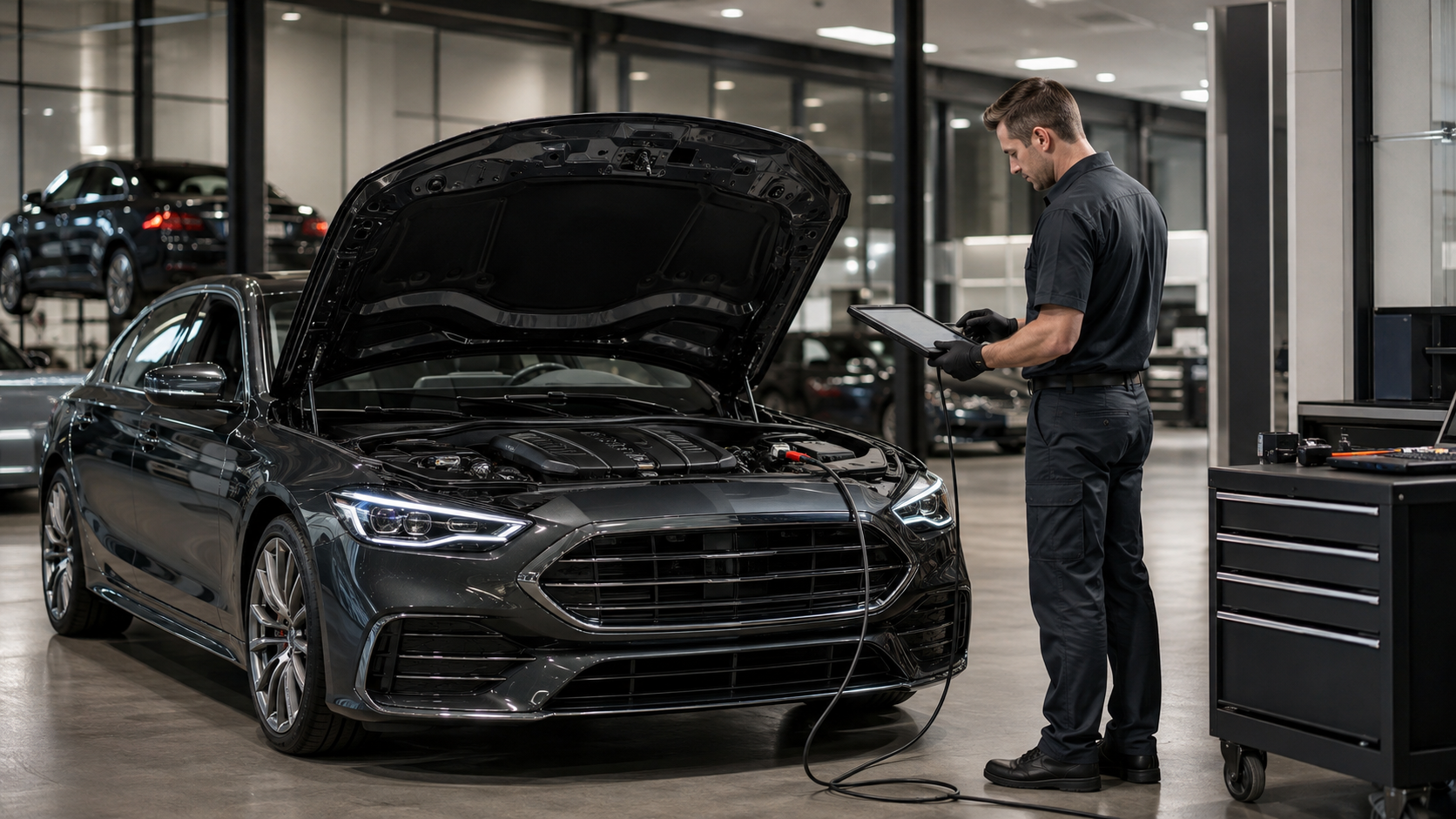 Technician diagnosing car electrical problems