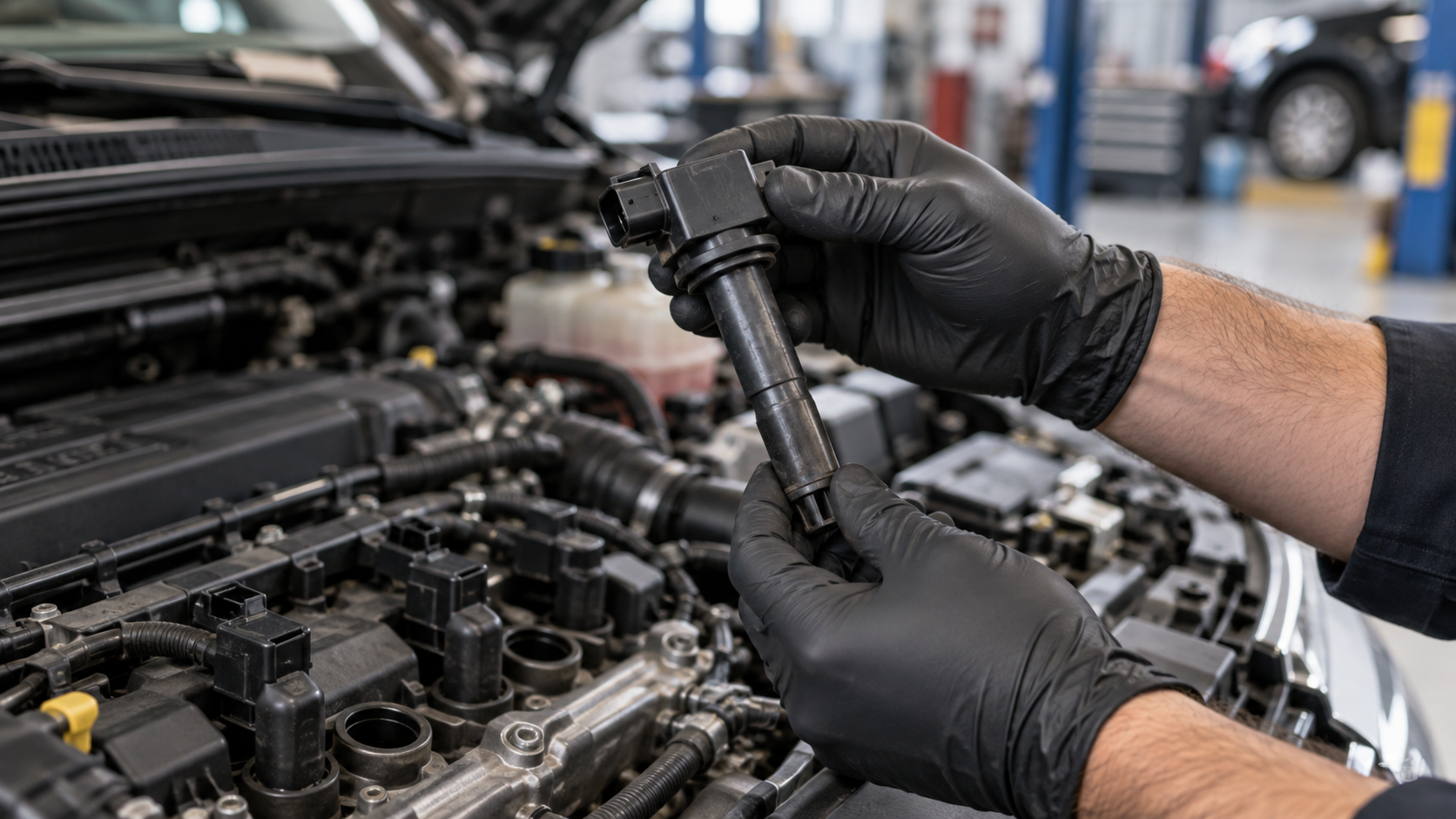 Gloved technician inspecting an ignition coil above a car engine.