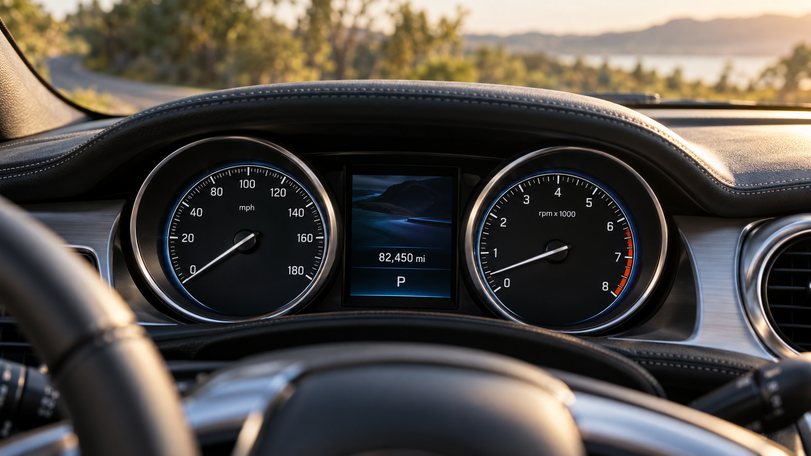 Luxury car dashboard showing 82,450 miles on the odometer.