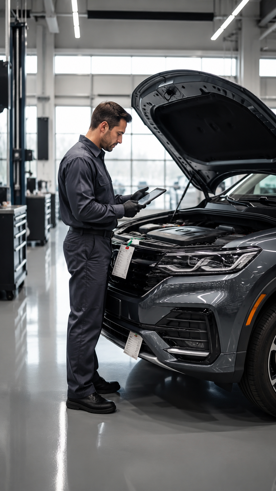 Technician performing a certified multi-point inspection on a luxury SUV