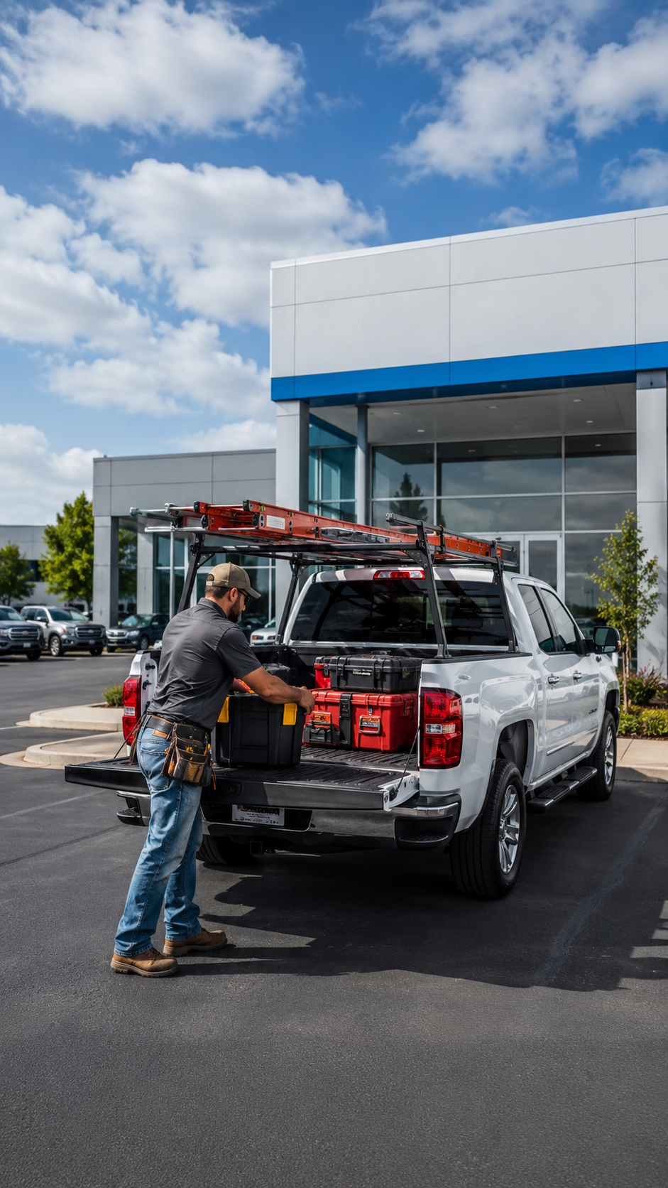 Contractor loading tools into a commercial pickup truck outside a dealership.